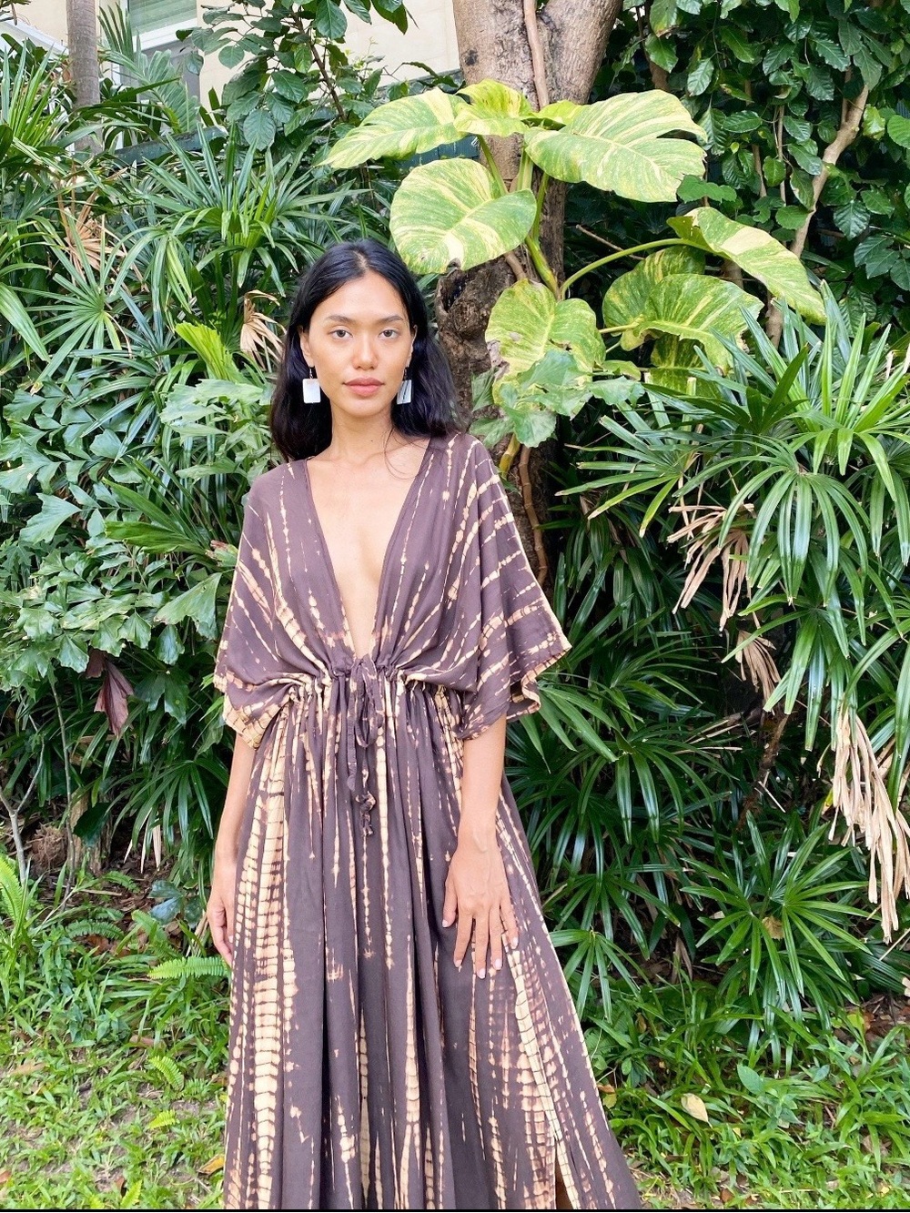 Boho Tie-Dye V-Neck Maxi Dress in Brown and Cream